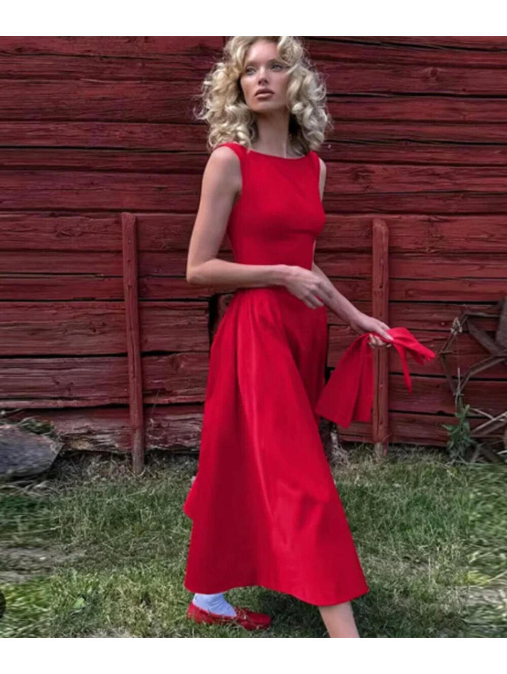 NWT Helsa Stretch Organic Cotton Sateen Midi Dress in Red  SIZE S $298msrp - Picture 3 of 13